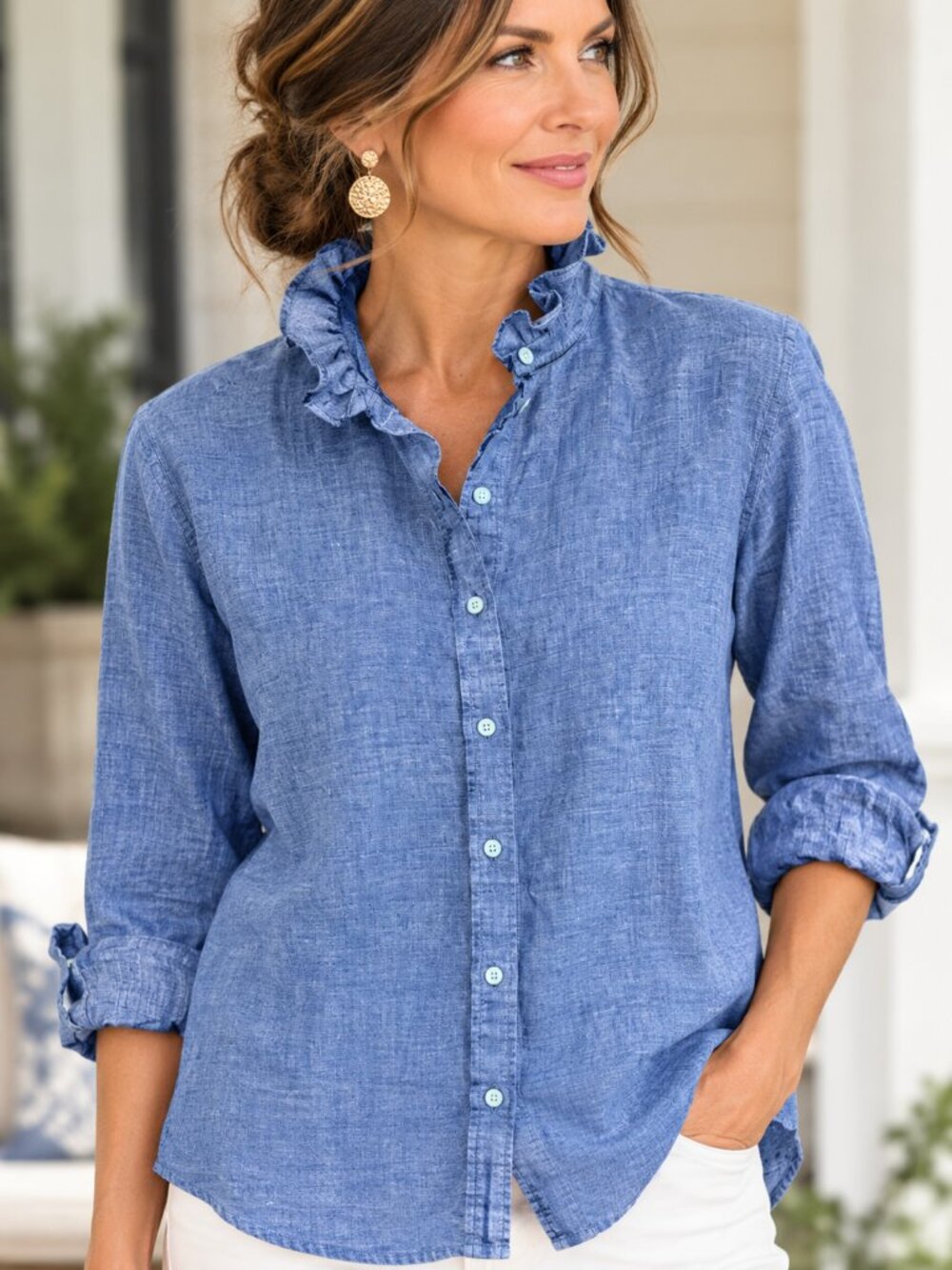 Upcycled Banana Republic Linen Ruffle Collar Blouse size M